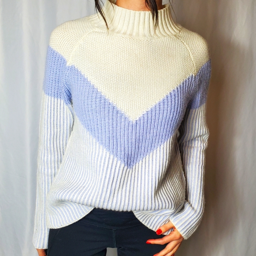 Anthropologie Rue and Willow Cream, Periwinkle Striped Mockneck Cashmere Sweater - Picture 6 of 10